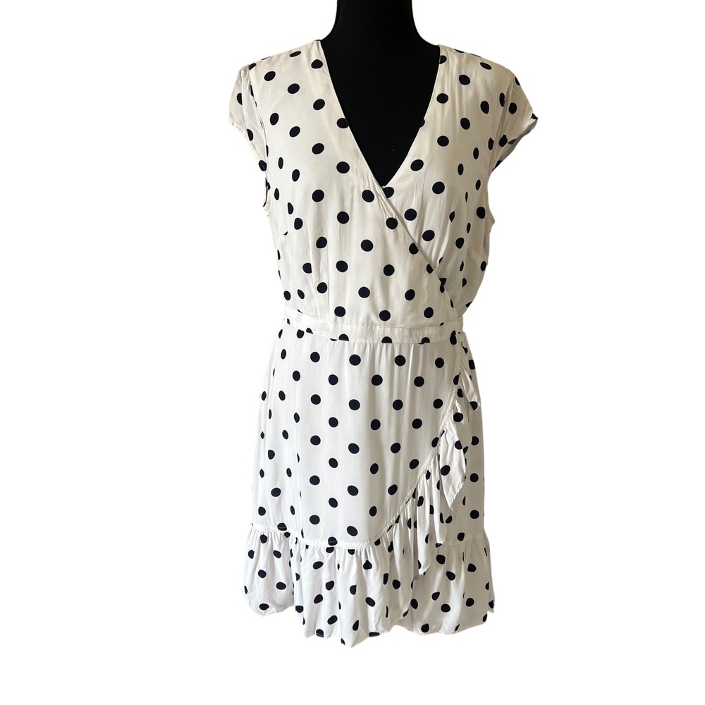 J.Crew Women Polka Dot Faux Wrap Dress Size 10 White Navy Ruffle Coquette V-Neck